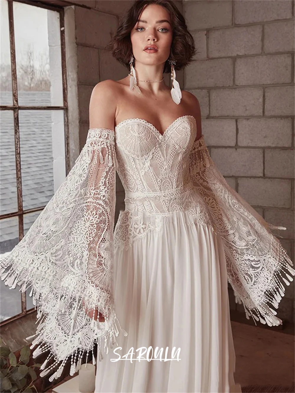 Bohemian Bride Dress with Long Sleeves, Unique Lace Beach Wedding Dresses for Women, Boho Chiffon Bridal Gown Custom Make