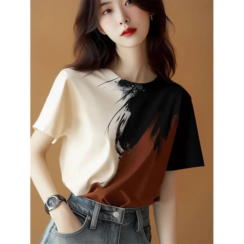 New Chinese Style Contrasting Color Ink Short-sleeved T-shirt for Women 2025 New Hot Summer Age-reducing Top