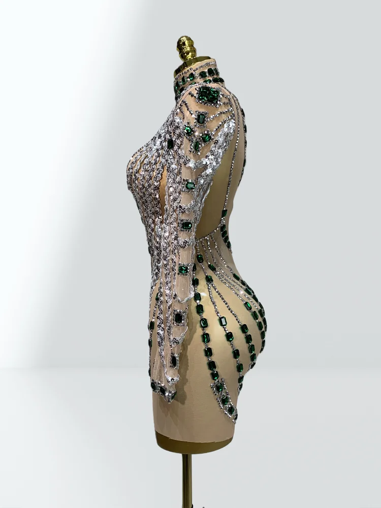 2026 新しい高級グリーンジュエルセクシーなシースルーシアーミニドレスファッション女性パーティーナイトクラブダンサーパフォーマンス衣装
