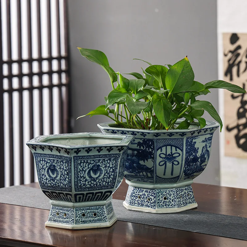 Jingdezhen Antique-Style Chinese Ceramic Flower Pot Blue-and-White Ceramic Planter Potho Spider Plant Pot Home Decor Friend Gift