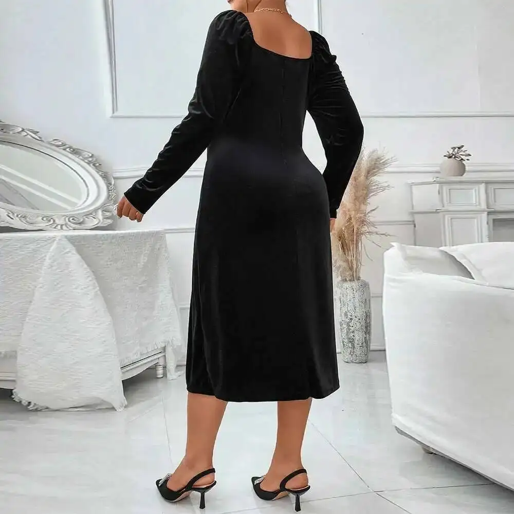 

2025 Large Size Women's Autumn and Winter New Slim Fit Bag Hip Slit Velvet Long Sleeved Party Dress Summer Elegantes Casual Y2k