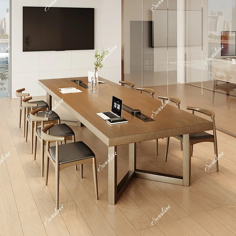 Simple modern solid wood conference table with socket reception table and chair combination log large board workbench long table