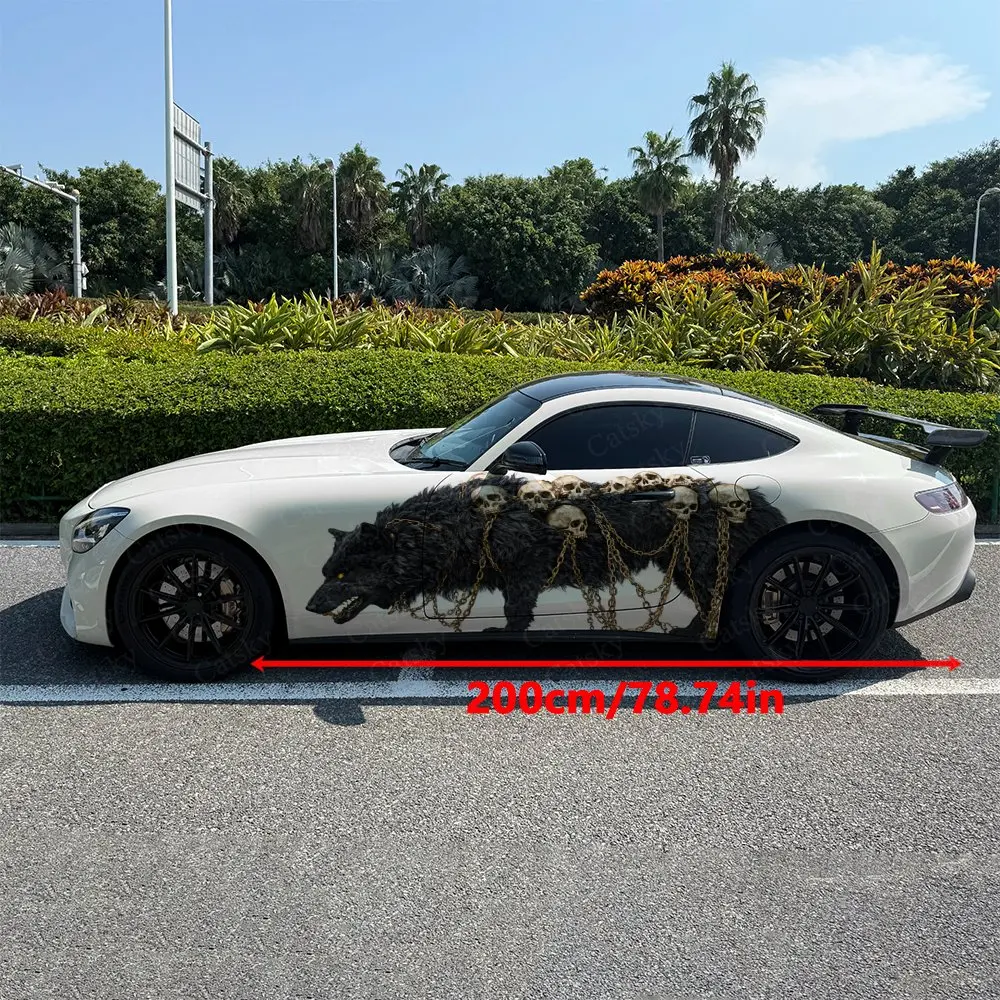2pcs Wolf With Golden Chains & Skulls Car Side Wraps, Self-Adhesive PVC Waterproof & Scratch-Resistant Stickers, Car Accessory