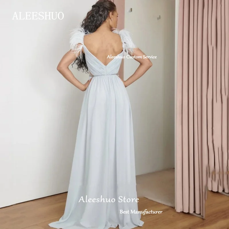 Morden Chiffon Side Split Dress Blue Tassel Square Collar Wedding Dresses For Woman Pearls Belt Prom Dress Luxury V Back 2024