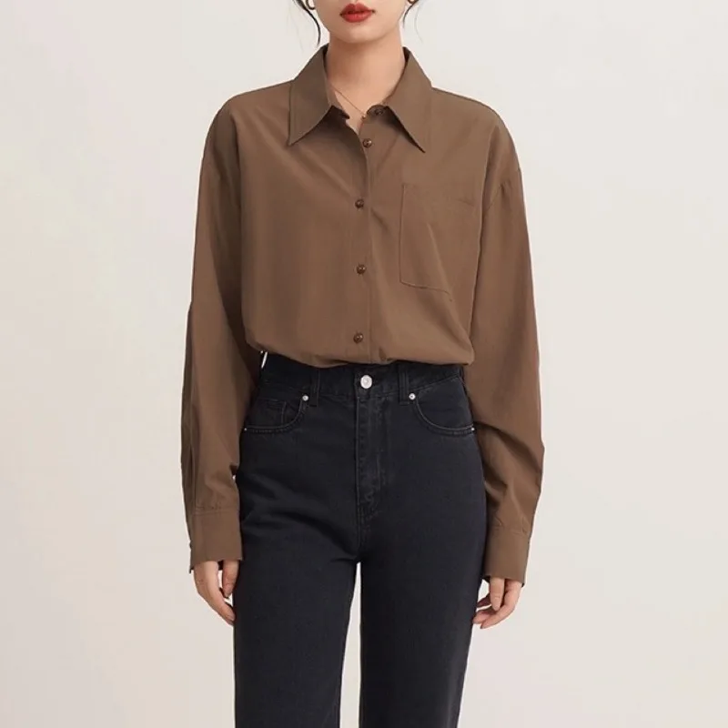 Shirt Women Spring New Brown Long Sleeve Shirt Loose Top