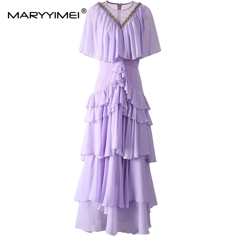 

MARYYIMEI Fashion Design Summer Women's Dress Cloak Sleeves Beading High Waiste Tiered Ruffles Evening Dresses