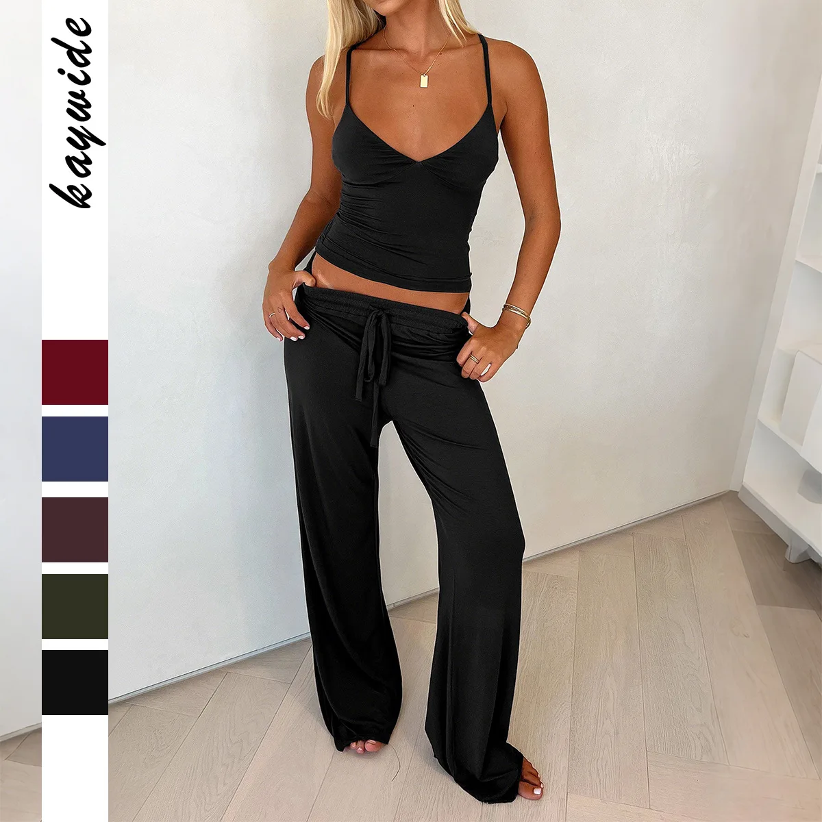 

KIDCRKJ Female Sporty 2 Pcs Set Yoga Cropped Knit Tank Tie-Waist Straight-Leg Pants For Women Comfortable Lady Two-piece Outfit