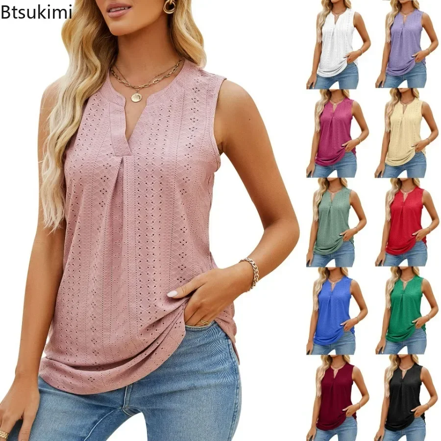 

New 2025 Women's Summer Sleeveless Blouses Shirts Hollow Out V-neck Elegant Loose Tank Tops for Women Solid Pullover Tops Female