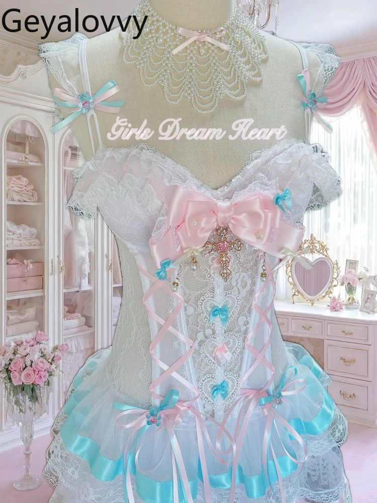 

Japanese Handmade Sweet Ribbon Lace Mesh Dress Summer New High-waisted Slim-fitting Fishbone Bra Short Suspender Dresses