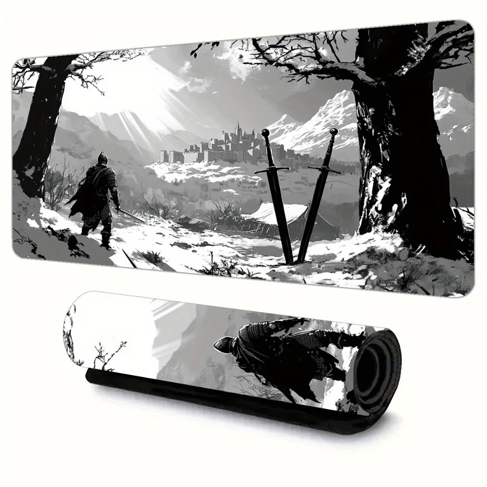 A rubber gaming mouse pad featuring anime graphics, black-and-white illustrations, knights,medieval castle design pc accessories