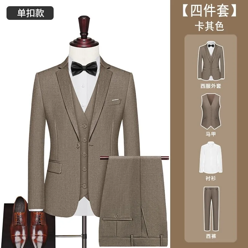 بدلة (سترة + سترة + بنطلون + قميص) ملابس عمل عصرية للرجال بلون سادة للرجال، بدلة أداء غير رسمية #1