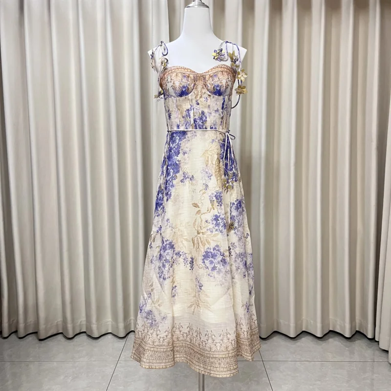 

Women's Floral Embroidered Linen Mid Length Sling Dress Ruffle Trimmed Hem Short Straps Summer Beach Party Chic Look for Women