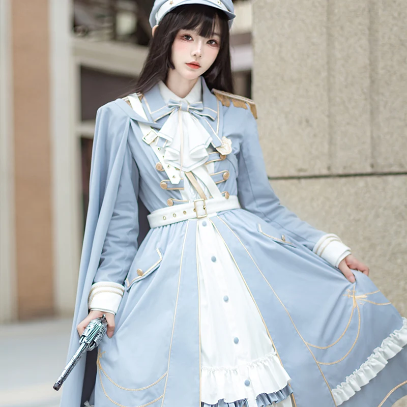 Medieval Retro Japanese Lolita Coat Cloak Military Style Cape Hat Set Long Sleeves Ruffle Classic Gothic Lolita Dress Harajuku