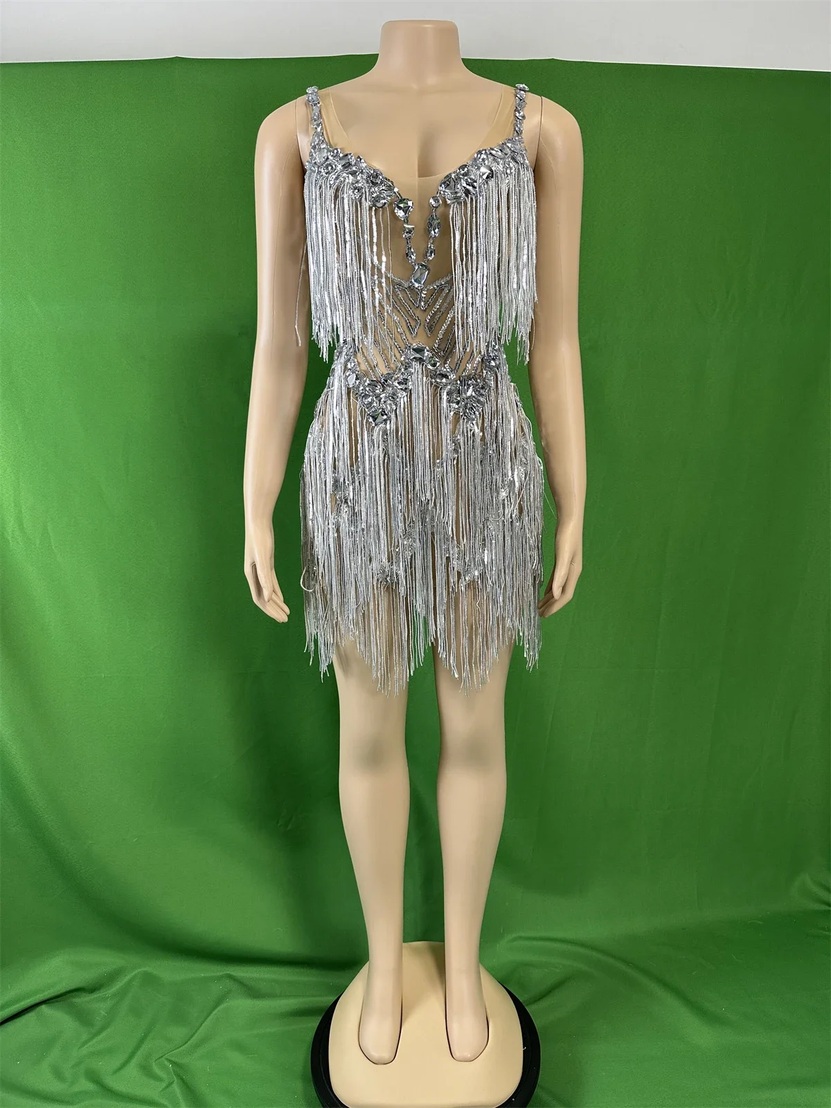 Silver Sparkly Rhinestone Fringe Dress For Women Sexy Dancer Show Celebrate Outfit Prom Birthday Party DJ Bar Nightclub Costumes