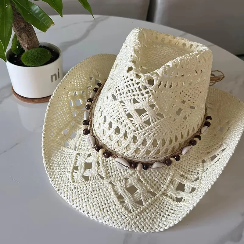 Vintage Sommer Strand Bohemian Strohhut mit Muscheln für Damen und Herren, Western Cowboyhüte mit Holzperlen, Ausgehöhlter Sonnenhut, Urlaubsmütze – Detail 9