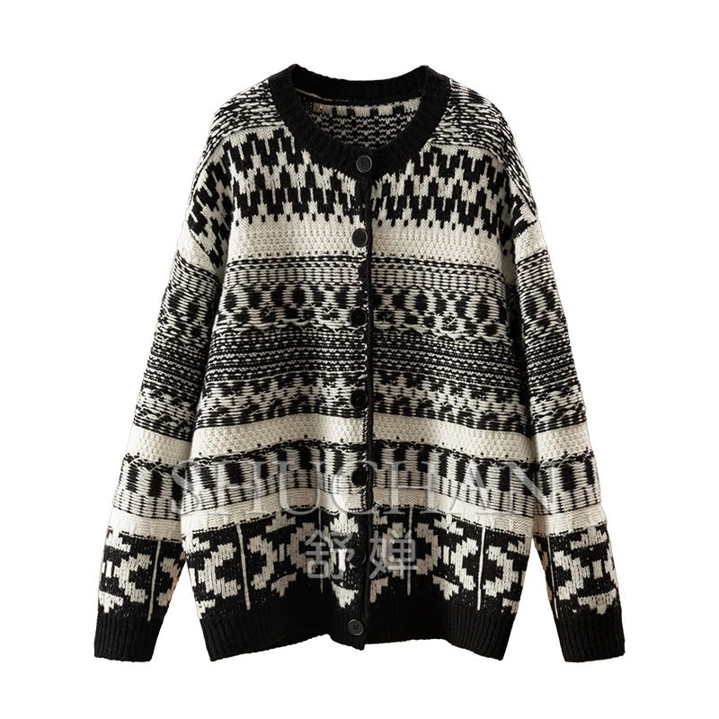 Thick Winter 640g Black and White Contrast Jacquard 100 Wool Sweater Cardigan Jacket Women  Casacos Femininos Inverno