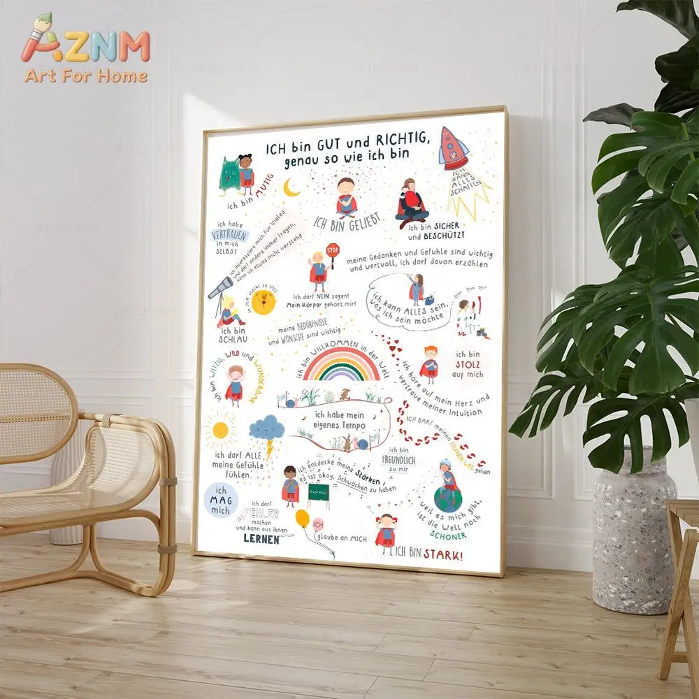 AZNM Unframed Canvas Print German Kids Positive Affirmation Wall Art Educational Nursery Home Decor Poster