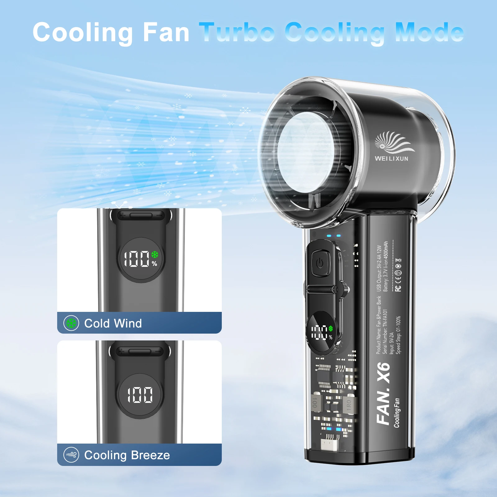 مروحة ثلج 4500 مللي أمبير في الساعة عالية السرعة تبريد محمولة USB قابلة للشحن شاشة ديجيتال LED مروحة صغيرة مروحة ضغط الجليد قوة البنك