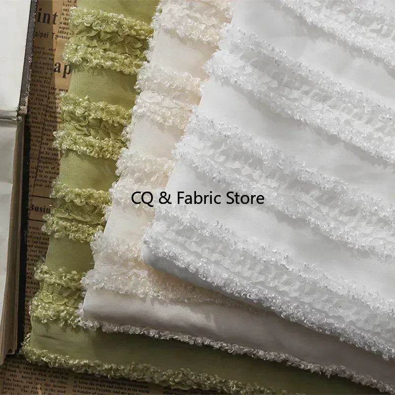 New Velvet Curly Embroidered Striped Cloth Fungus Embroidered Chiffon Fabric for Wedding Dress Clothing,By The Meter