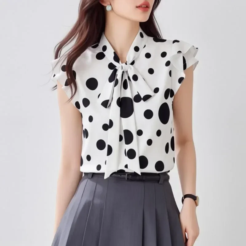 

Camisas De Mujer Women Blouse Shirt New Summer Short Sleeve Bow Collar Dot Blouse Shirt Women Tops Blouses Shirts Blusas Q4221