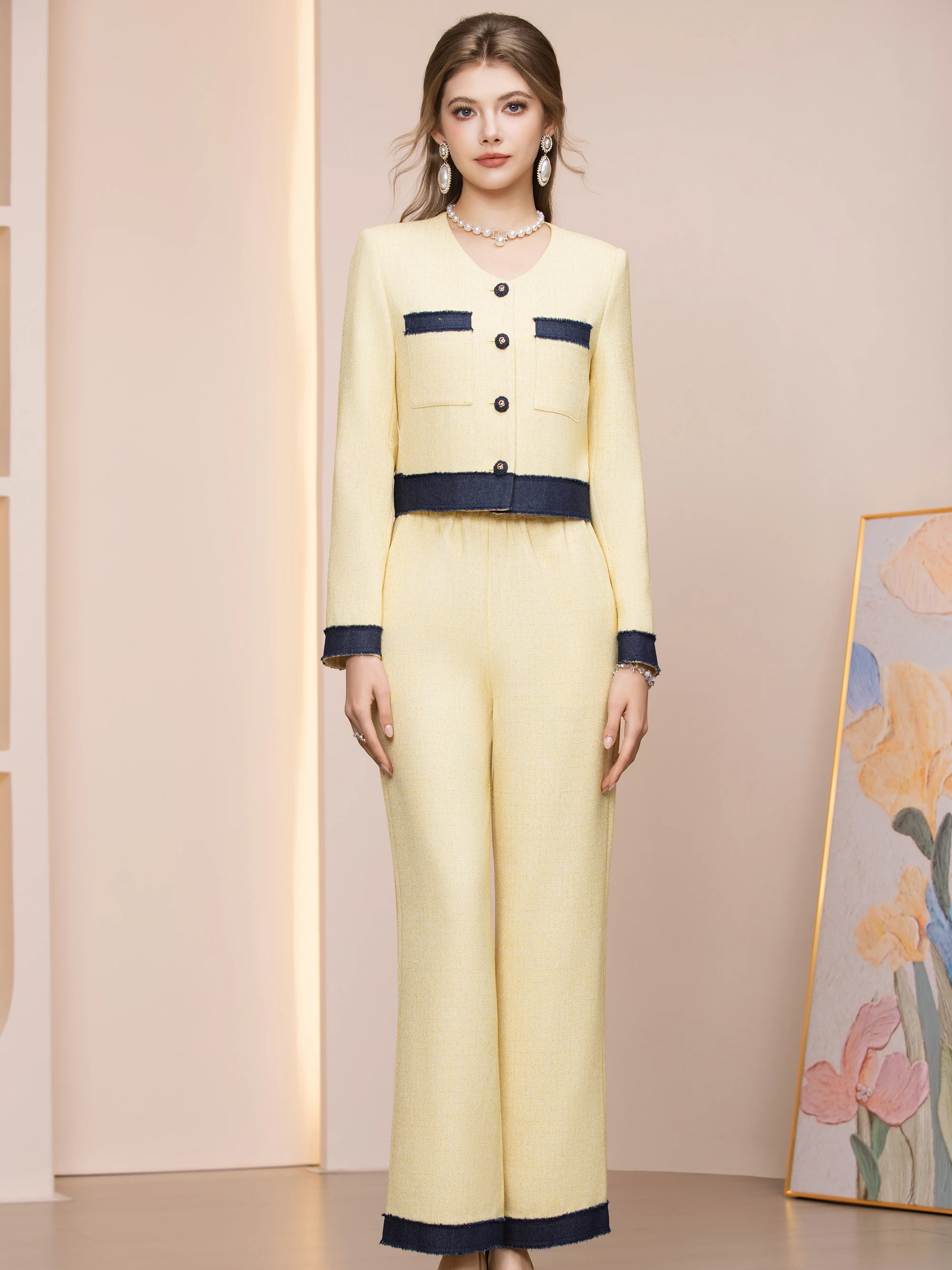 

Yellow Color Block Short Jacket Casual High Waist Pants Two Piece Set Spring 2026 Elegant Style Polyester Fiber Button Closure
