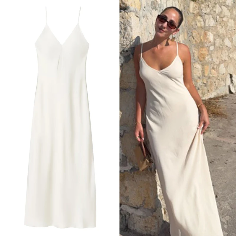 Damen Satin Langes Kleid Weiß V-Ausschnitt Rückenfreies Slip-Kleid Schlicht und Elegant Formelles Damenkleid 2026 Neues Sommer-Trägerkleid Vestidos