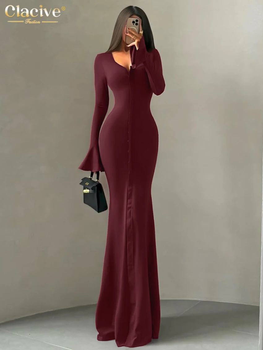 

Clacive Bodycon Wine Red Women's Dress 2026 Sexy V-Neck Long Sleeve Maxi Dresses Elegant Classic Slit Female Dress Streetwear