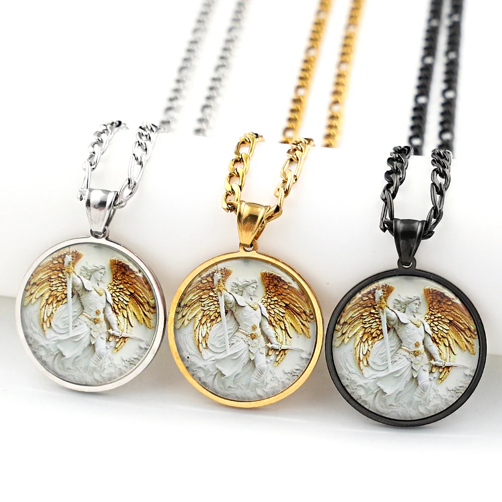 SAINT MICHAEL Archangel PROTECT US Glass Round Medal Pendant Necklace Stainless Steel Gold Color Christian Faith Amulet Jewelry