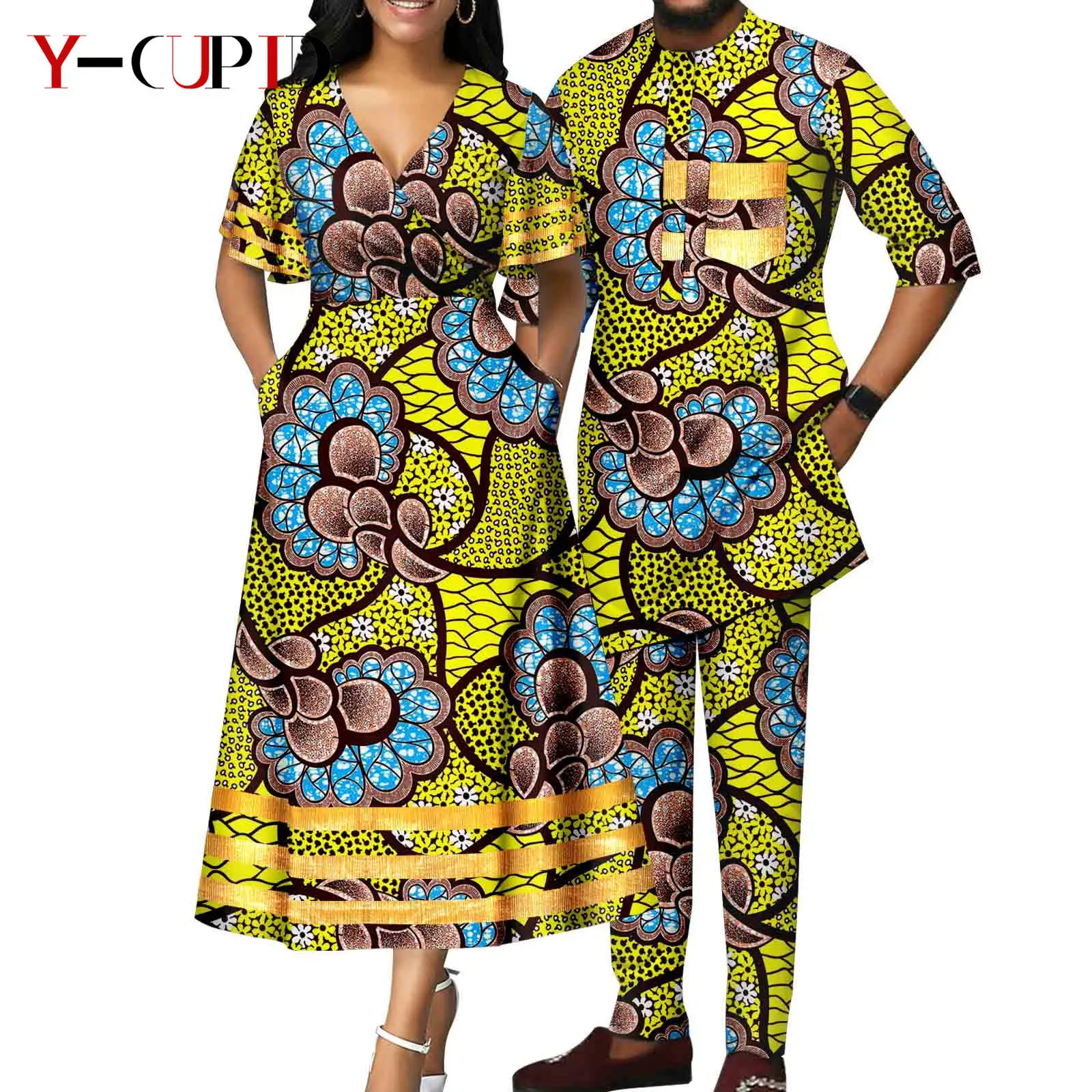 Robes à col en V à imprimé africain pour hommes et femmes, tenues assorties pour couple, ensembles haut et pantalon, vêtements d\'extérieur pour