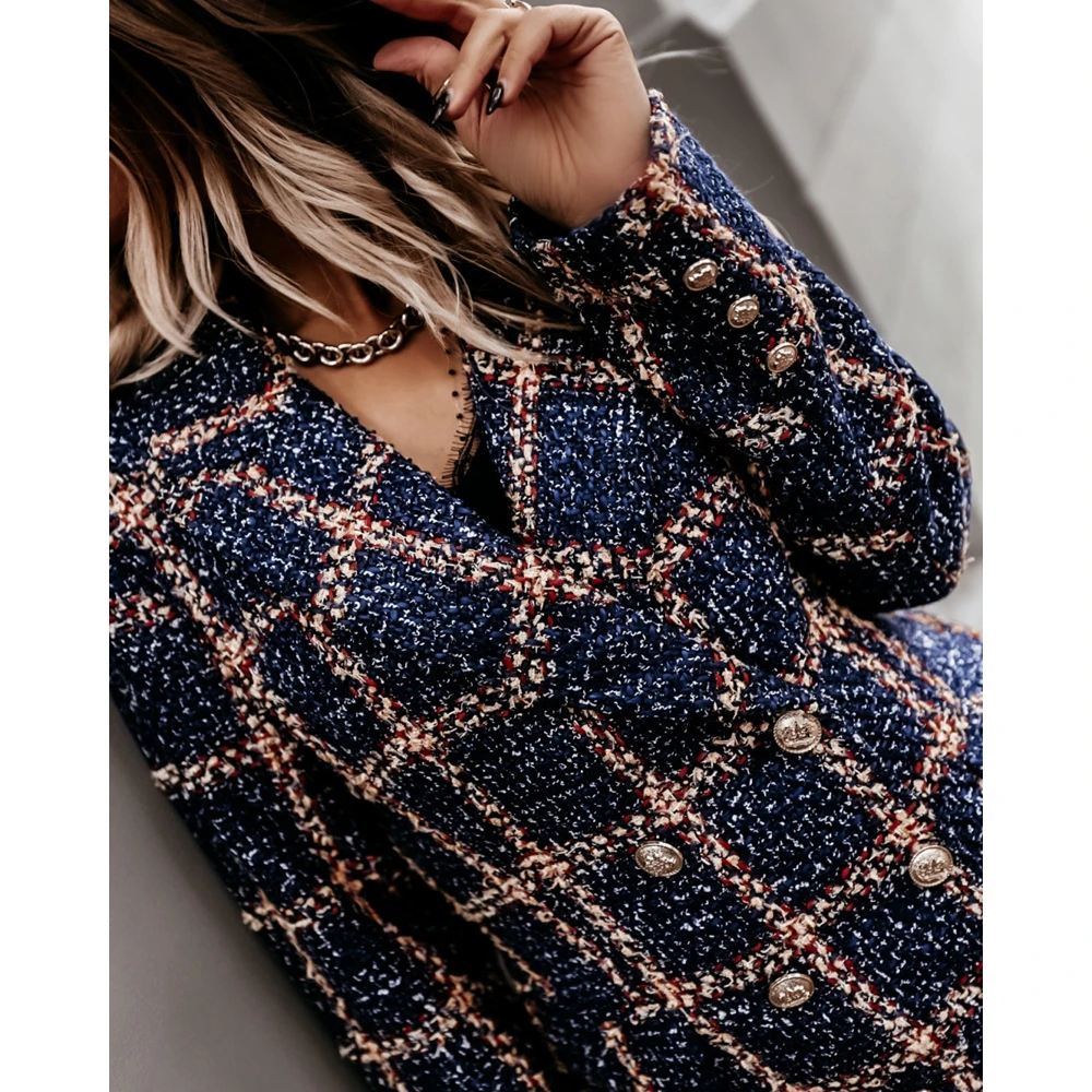 Women Plaid Tweed Double Breasted Nothched Collar Coats Femme Elegant Autumn Winter Outwear Clothing