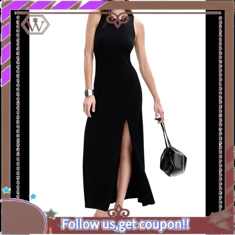 

A95D-Women's Summer And Autumn Long Elegant Versatile Slit Tight Sleeveless Dress Black M