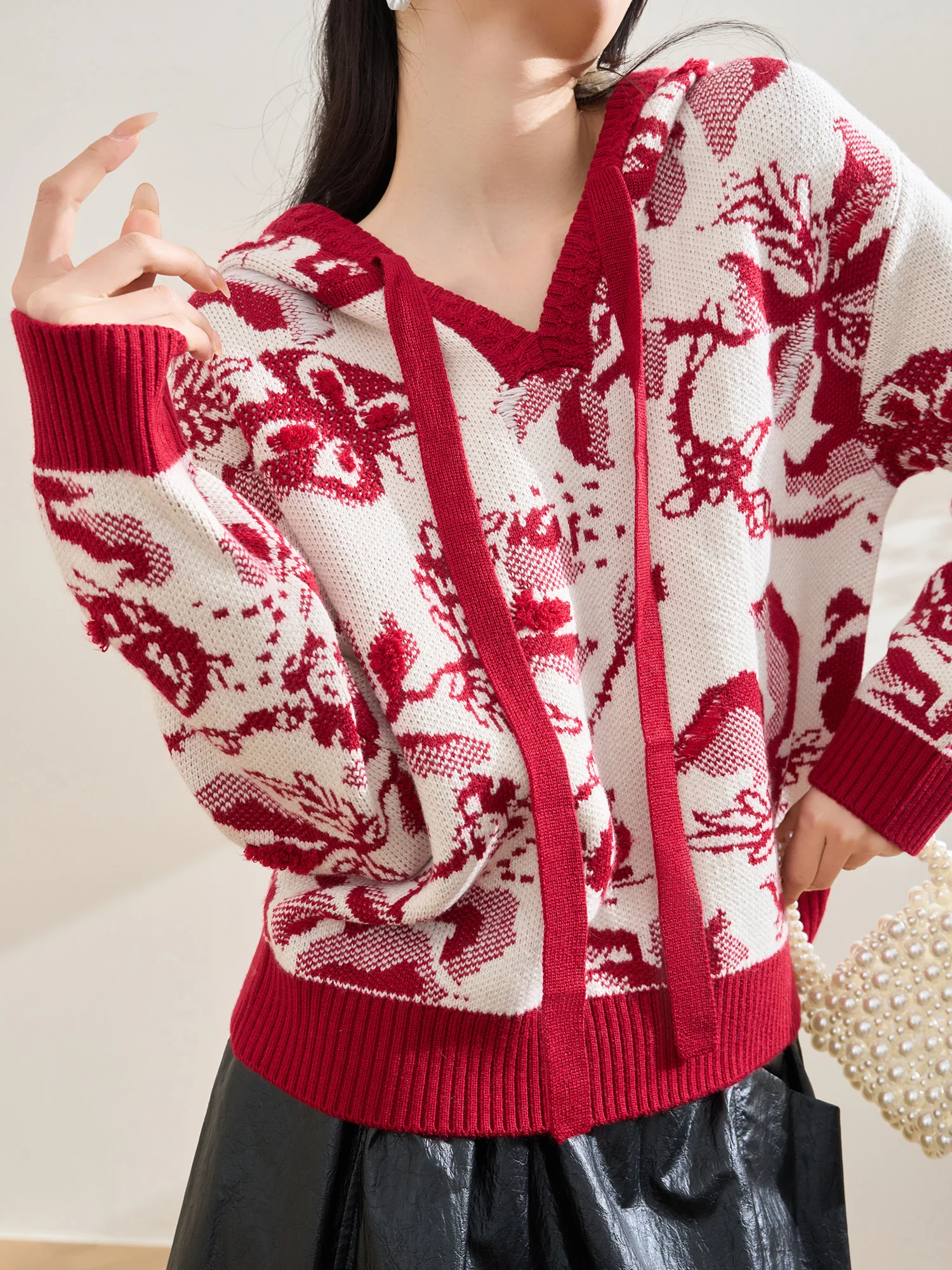 

Flowing Era New Year Red Prosperi Tree Embroidered Hooded Knitted Sweater Women Winter Holiday Soft Polyester Long Sve C...