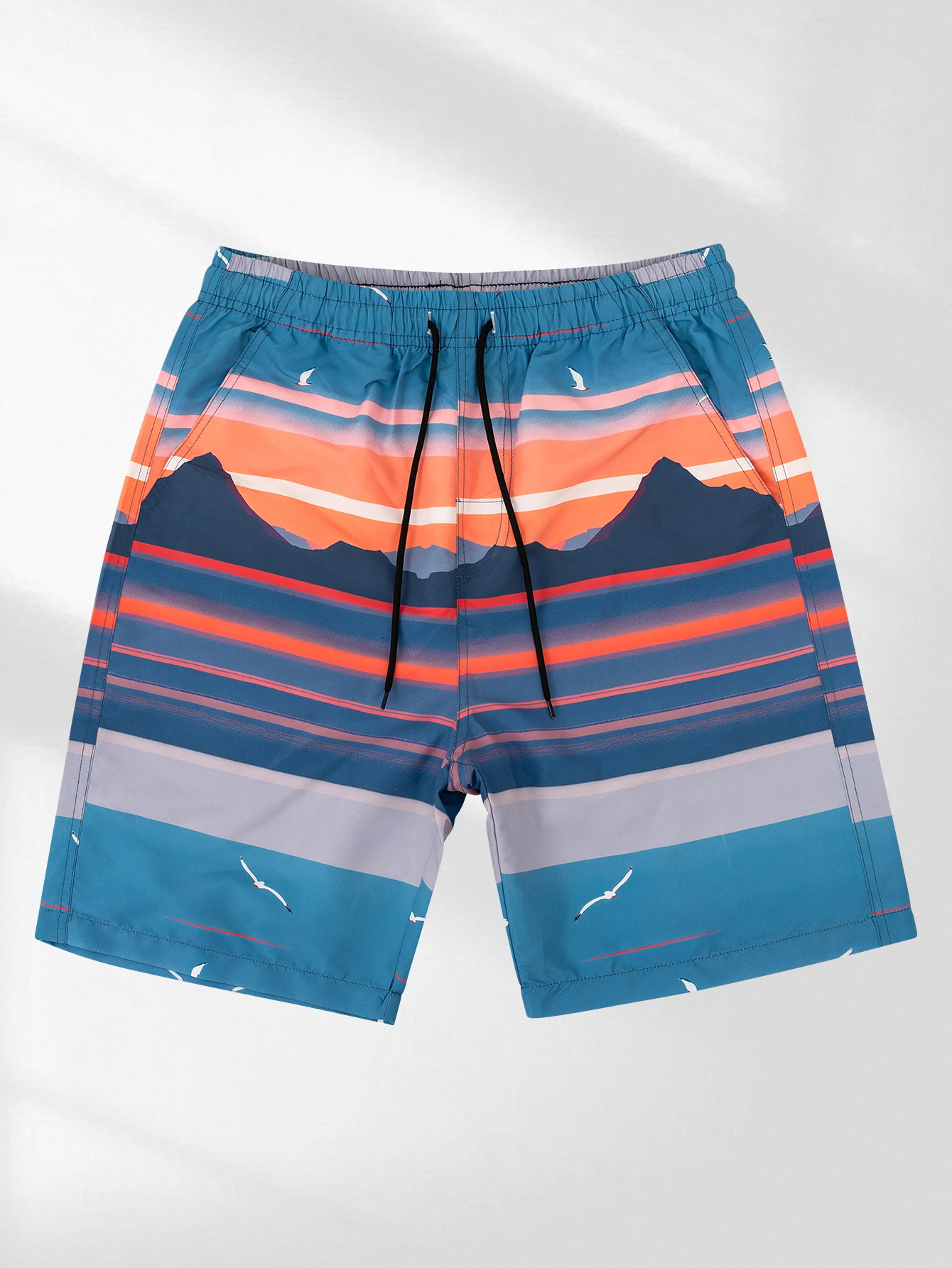 Men\'s Sundown Stripe Digital printing Board Shorts with Pockets for Beach or Pool Mens Swim Shorts With Two-piece Liner