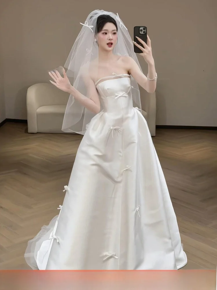 

Свадебное платье Ele Satin Light с узлом и шлейфом, простое, белое, для молодых невест в 20-х годах