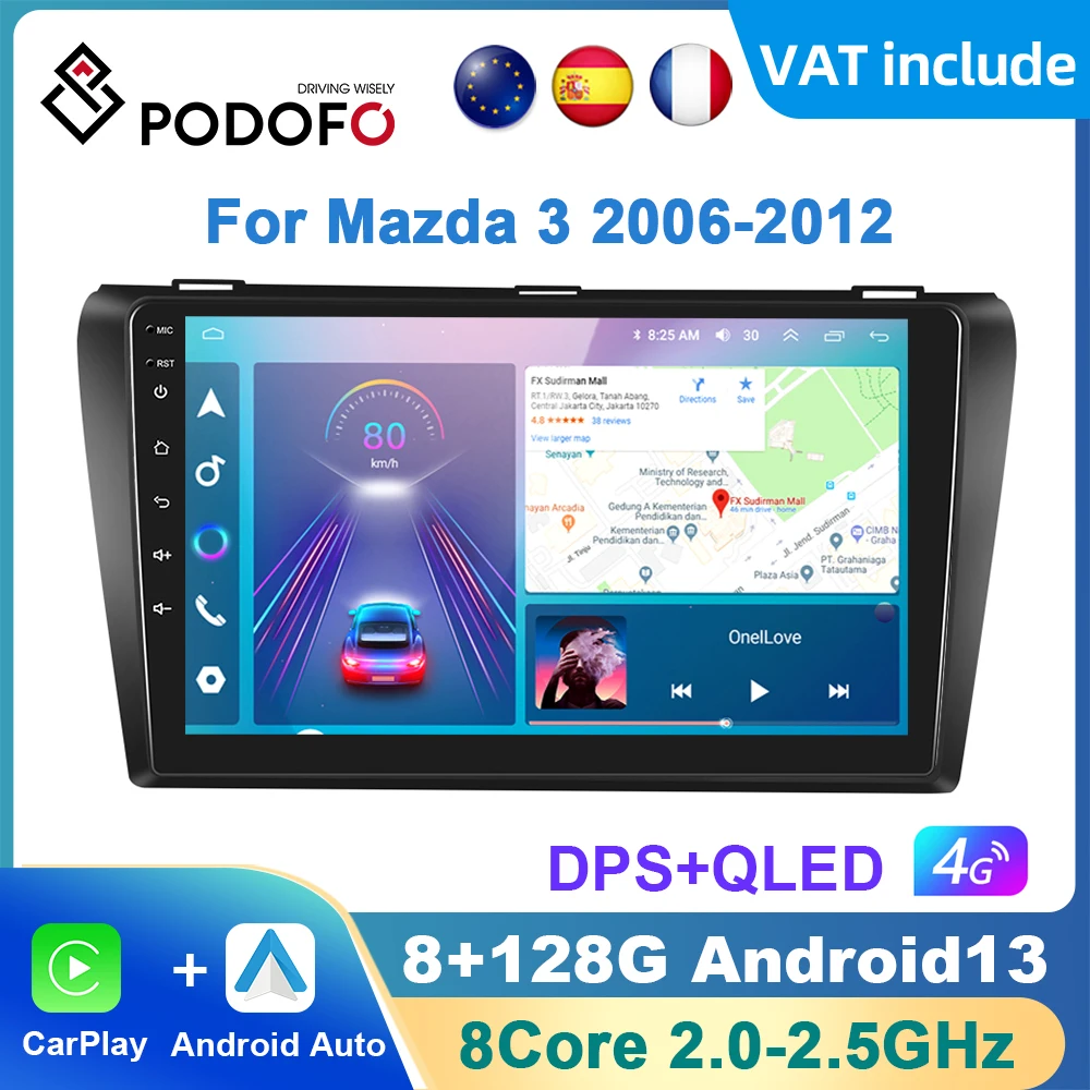 Podofo AI Voice Android Carplay Car Radio For Mazda 3 2004-2009 2din Android Auto 4G Multimedia Navigation GPS autoradio DSP