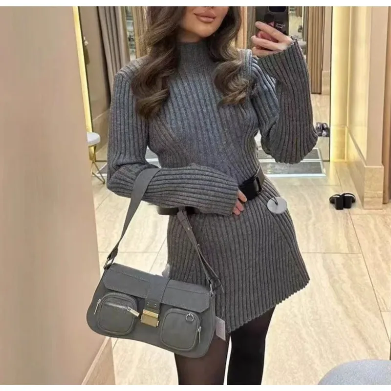 

Buttocks Tight Knitted Dress Women's New Semi-turtleneck Base Solid Color Temperament Short Autumn and Winter Sweater Skirt