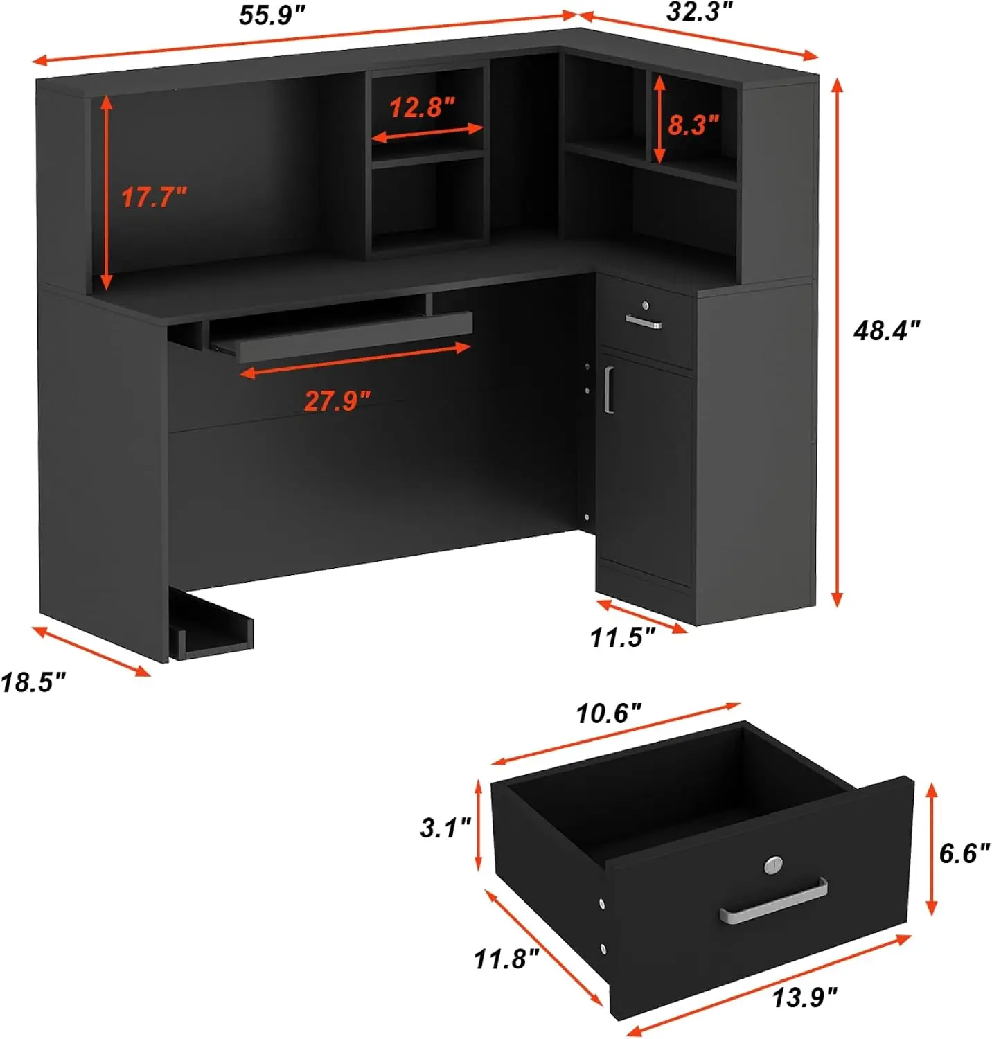 Modern Reception Desk Counter Table, L-Shap Reception Room Front Desk with Lockable Drawer & Open Shelves, Retail Counter for Sa