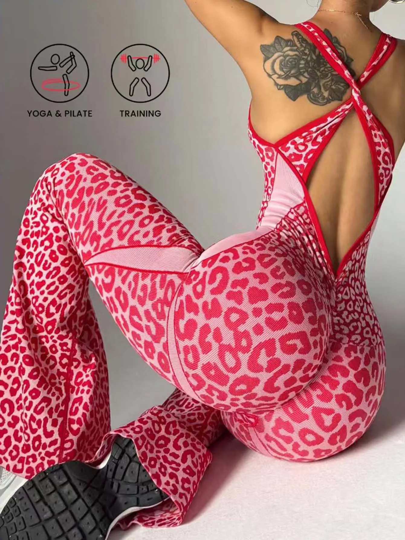 Nahtloser Yoga-Overall mit Leopardenmuster und überkreuztem Rücken für Damen, Fitness-Sport-Jumpsuit – Detail 11