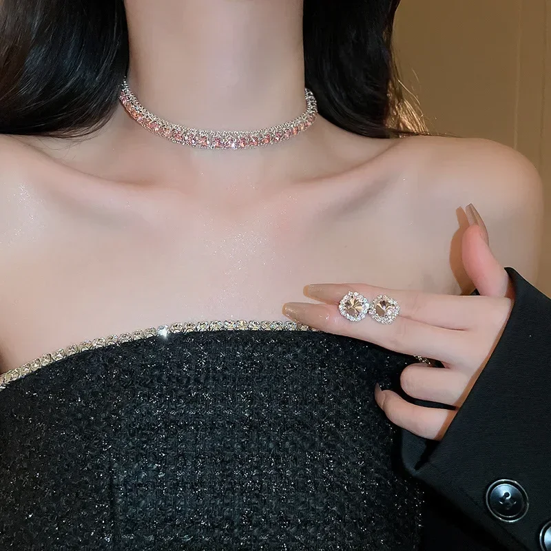 مجموعة أقراط قلادة كريستال فاخرة قلادة ملونة باللون الوردي للنساء مجموعات مجوهرات حفلات الزفاف والإكسسوارات #2