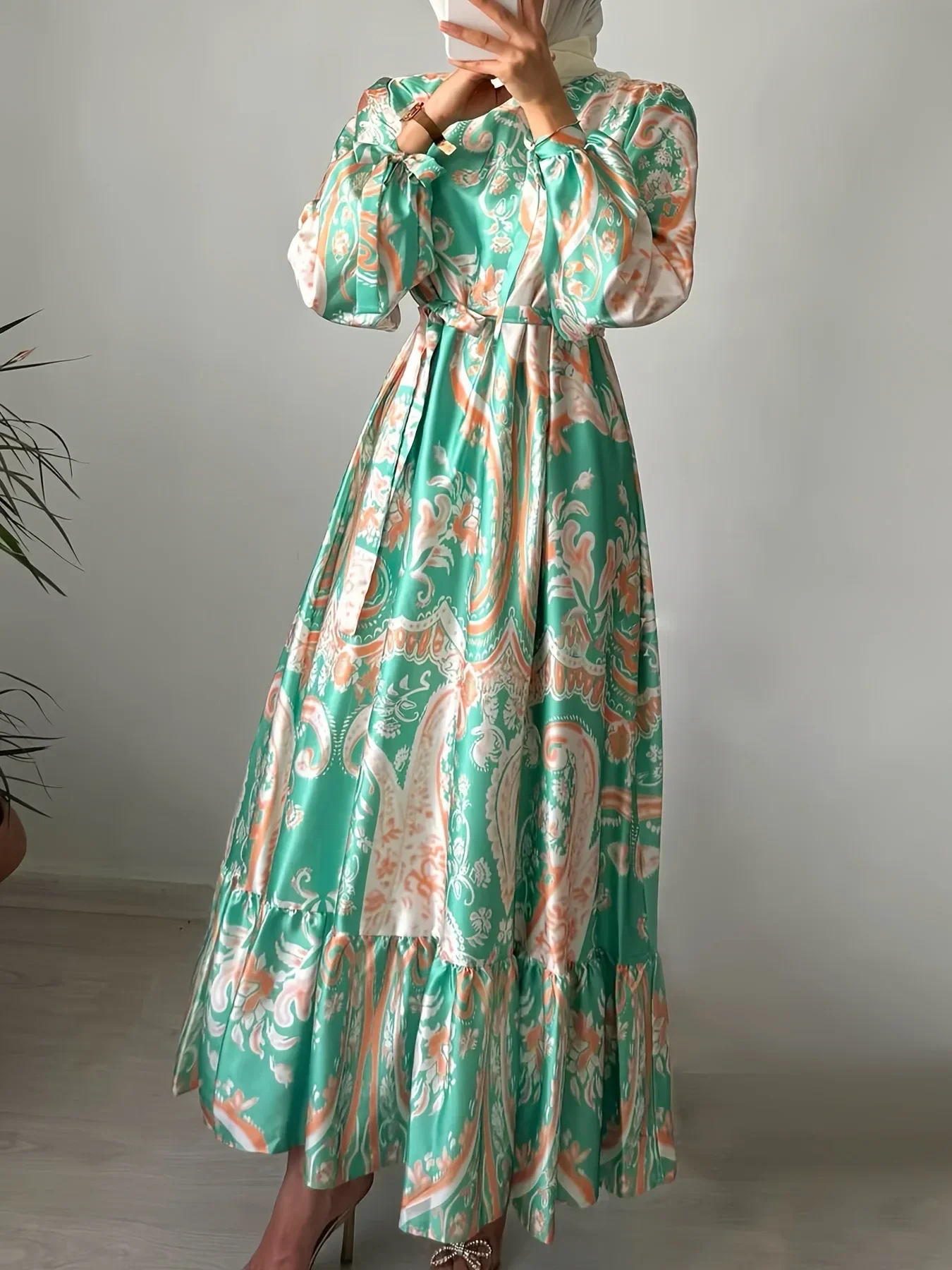 Eid Women Dress Abaya Women Print Party Long Dresses Dubai Jalabiya Lace Up Kaftan Morocco Vestidos Arab Long Robe Ramadan 2026 3