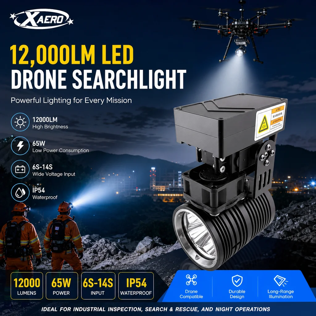 XAERO 12000LM LED Flood Light 6S 12S 14S 65W Drone Searchlight for Industrial Emergency Rescue