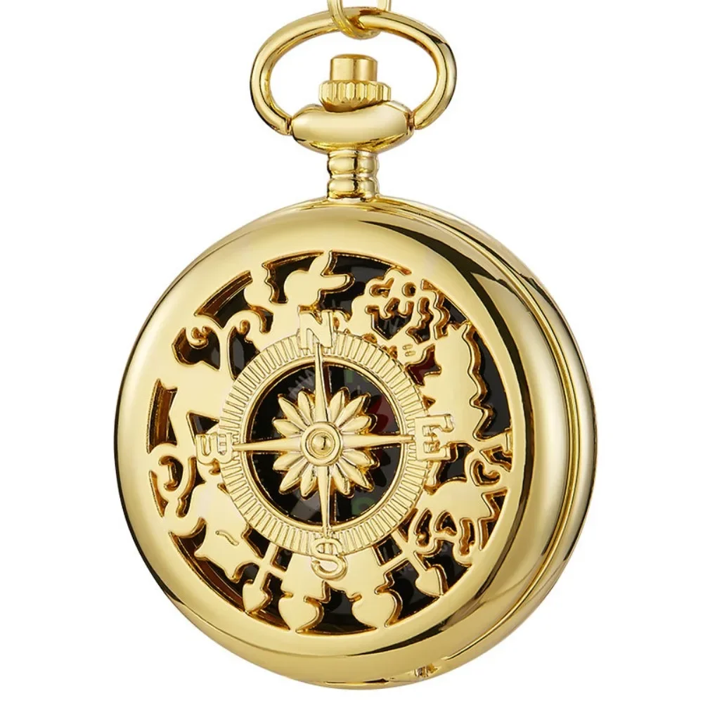 Practical Punk Compass Pocket Watch Clamshell Alloy Gold Case Necklace Pendant Glass Clock Chain