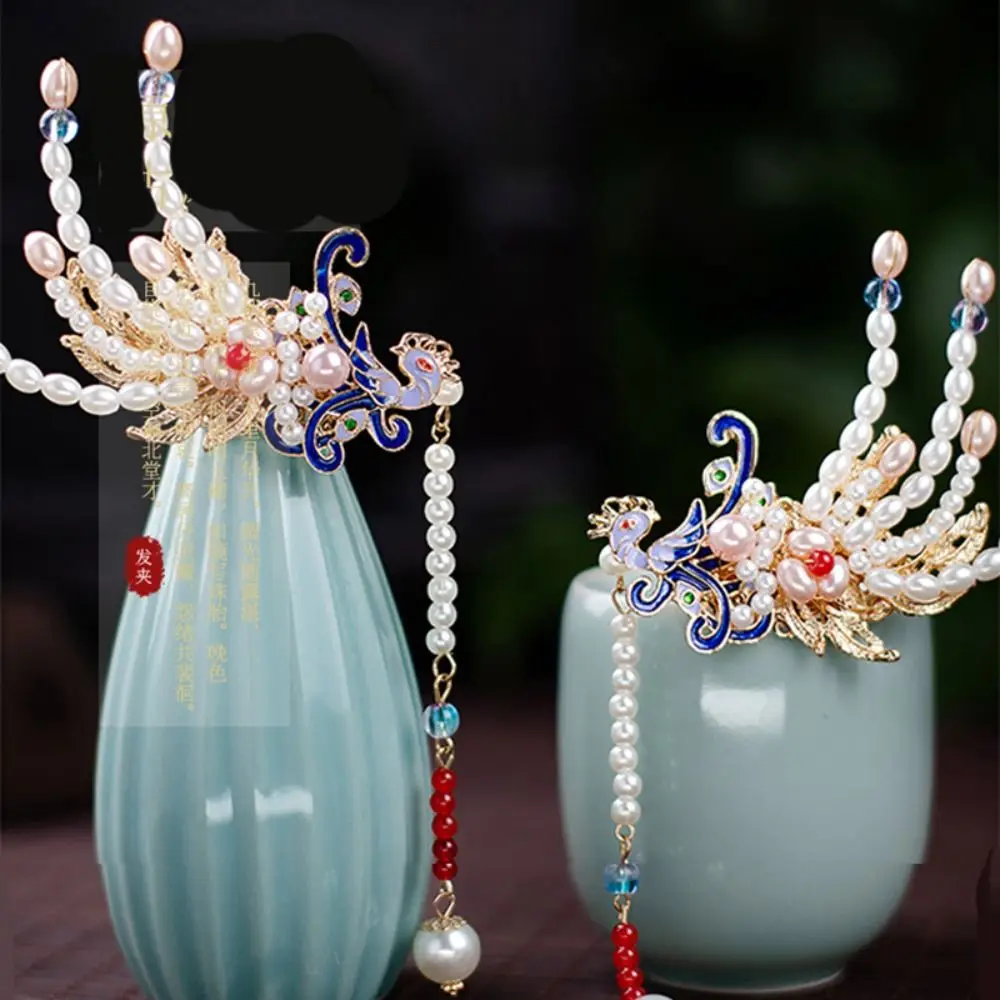 Chinese Hanfu Headwear Classical Cloisonne Phoenix Pearl Tassel Hair Stick Exquisite Hairpin Girl Hair Chopsticks Ancient