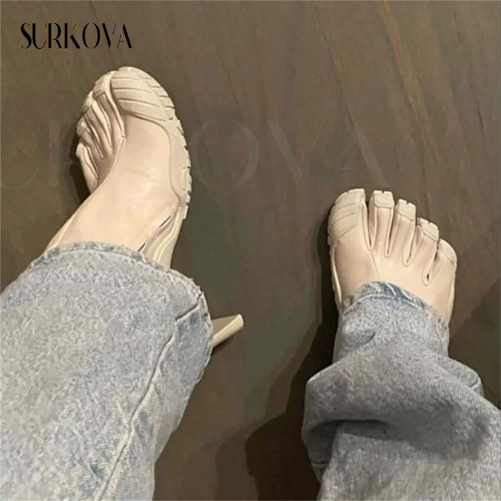 2023 New Luxury Five Fingers Sock Boots Split-Toe Pull-On Leather Boots Stretch Knit High Heel Ankle Boots Fashion Women's Shoes