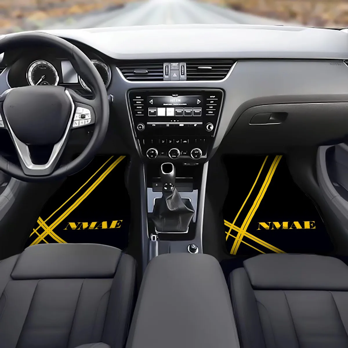 

4pcs Customizable Car Floor Mats With Yellow Stripes - Personalized Name/Text, Durable All-Weather Protection, Easy-Clean Design
