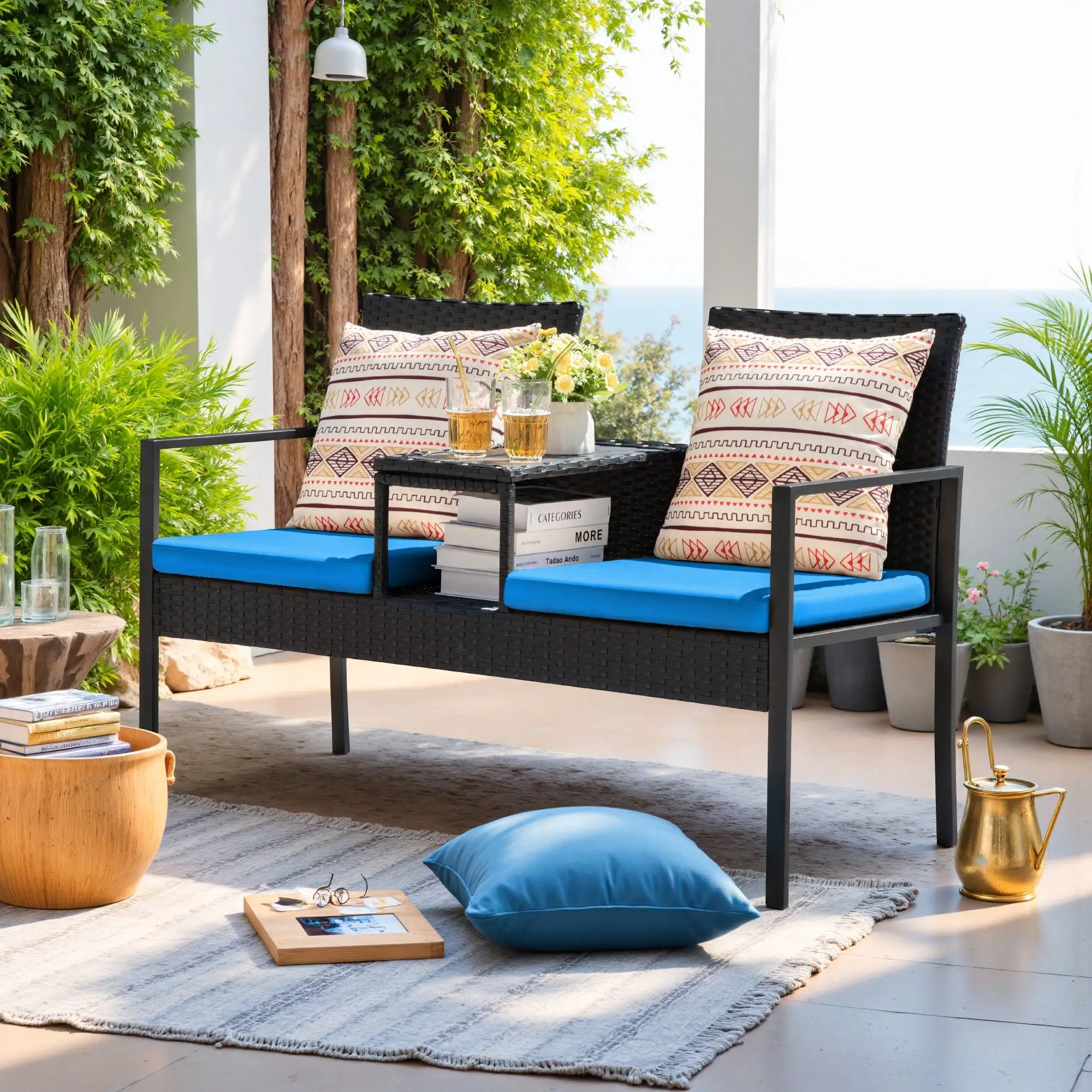 

Patio Conversation Sets Outdoor Loveseat With Built-In Table & Cushions Wicker Patio Furniture Porch Chairs Bench