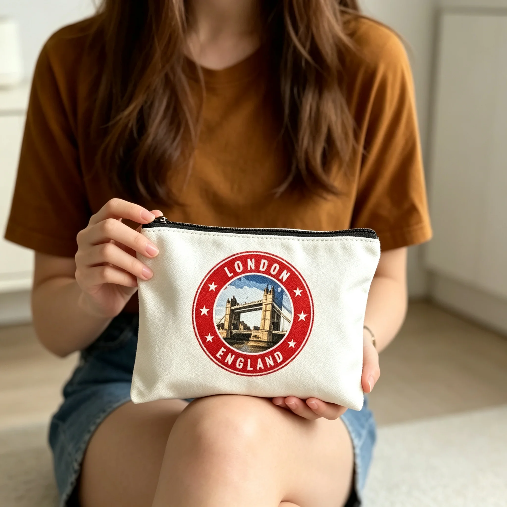 London Tower Bridge Canvas Cosmetic Bag, 2D Print England Souvenir Makeup Pouch, Ladies Portable Travel Zipper Storage Purse