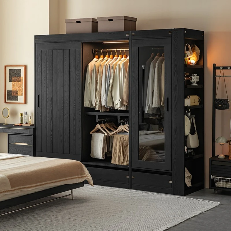 

Всесезонный шкаф для спальни из массива дерева с раздвижными дверями, большой черный шкаф-купе, простой комбинированный шкаф для хранения вещей.