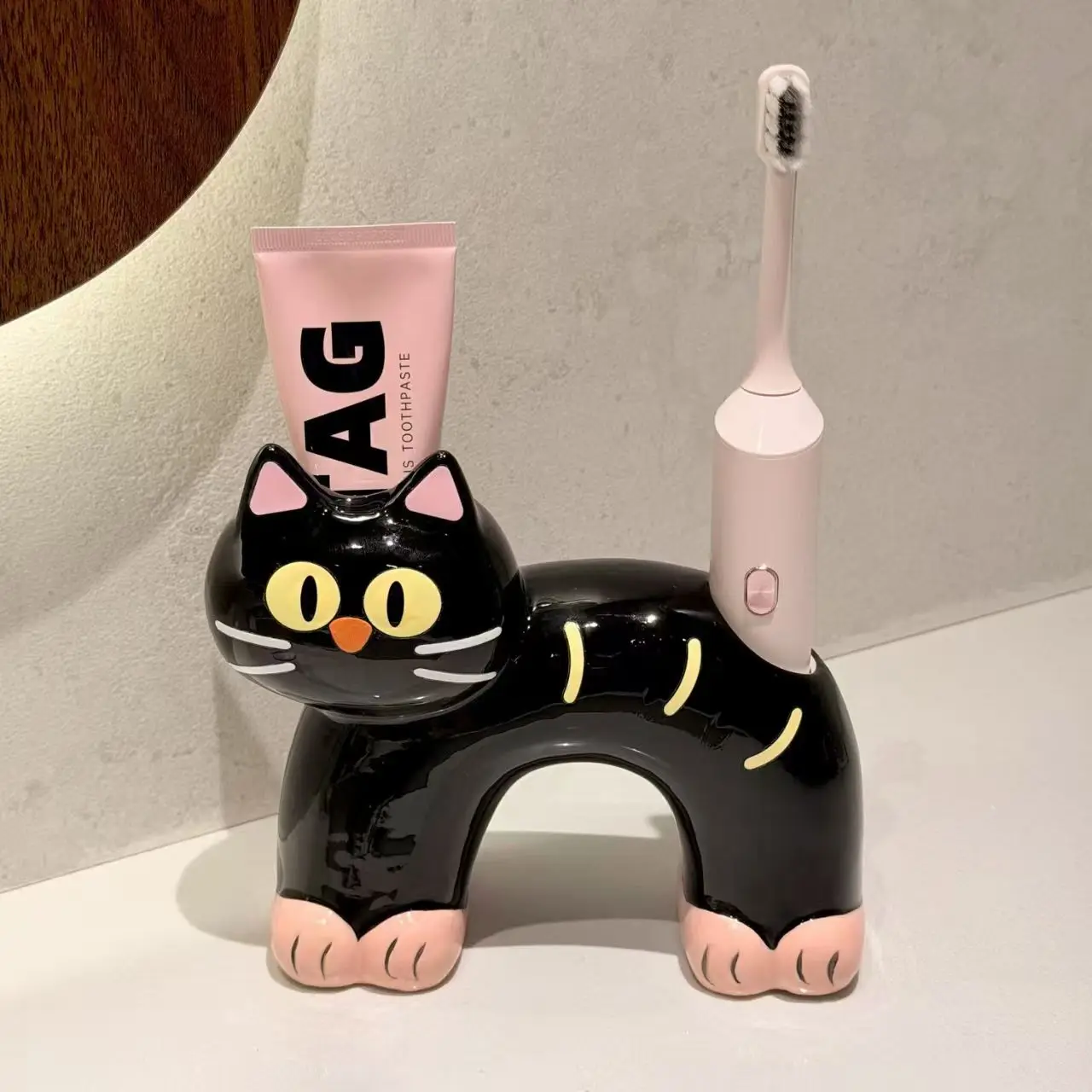 Ceramic Cat Toothbrush Holder Creative 2 Slot Toothbrush Storage Rack Reusable Anti-Slip Base Electric Toothbrush Stand