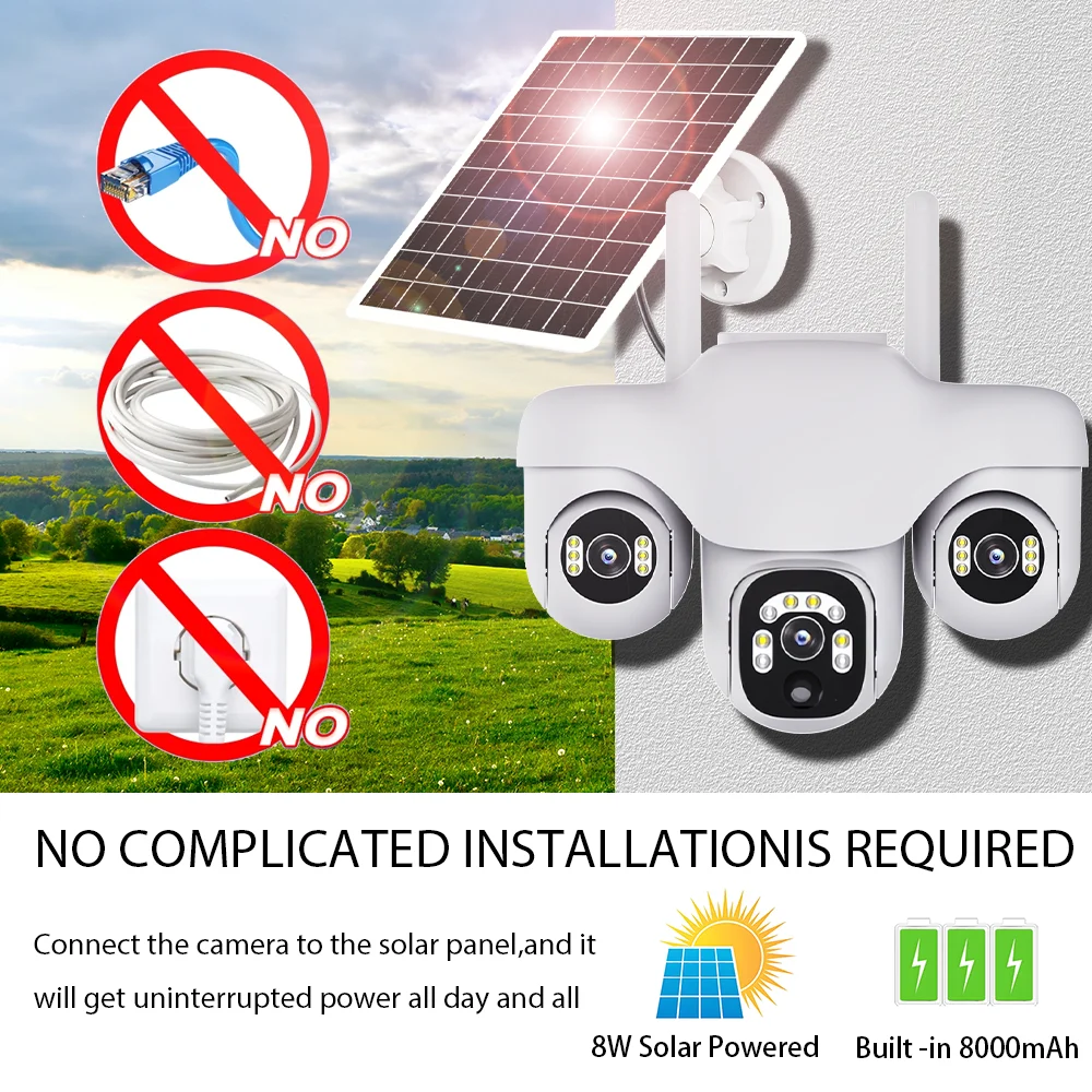 V380 Solar IP Camera Outdoor Wireless WiFi/4G 15MP 3 PTZ Lens Human Detection Security Surveillance Waterproof IP66 CCTV Camera